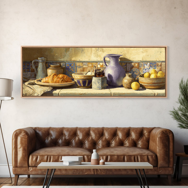 Caf Au Lait Bowl Framed Canvas Print, French Country Art, Digital Wall Art, Farmhouse Decor, Oil Painting, Country, FCA-3x1-74