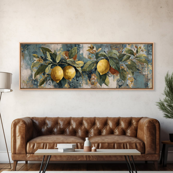Aged Botanical Plate of Lemons and Leaves Canvas Print, French Country Art, Farmhouse Decor, Oil Painting, Country, FCA-3x1-76