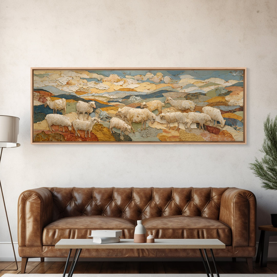 Pastoral Sheep in Rolling Countryside Canvas Print, French Country Art, Statement Artwork, Farmhouse Decor, Fine Art, Country, FCA-3x1-78