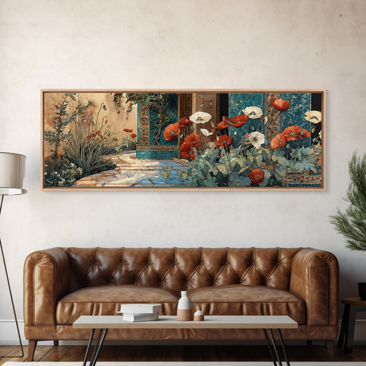 Poppies Beside a Stone Garden Wall Framed Canvas Print, French Country Art, Digital Art, Farmhouse Decor, Watercolor Art, FCA-3x1-79