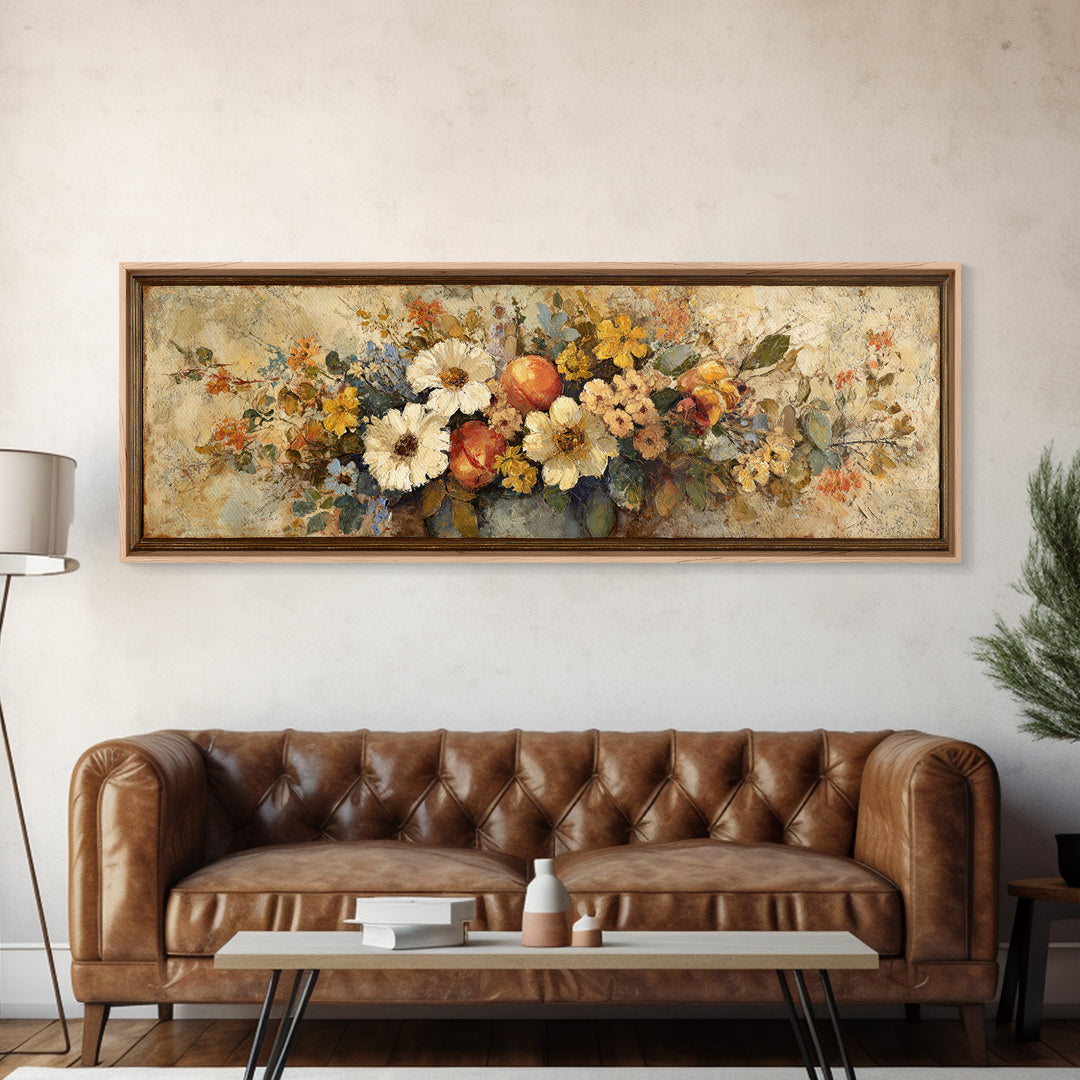 Basket of Fresh Peaches and Wildflowers Canvas Print, French Country Art, Contemporary Art, Farmhouse Decor, Country, FCA-3x1-84