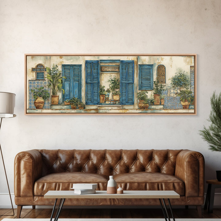 Weathered Window with Blue Shutters Canvas Print, French Country Art, Home Decor Gift, Farmhouse Decor, Oil Painting, Country, FCA-3x1-85