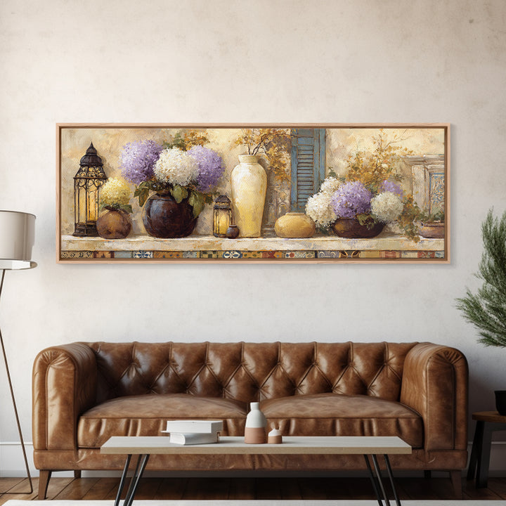 Soft Hydrangeas Beside Antique Shutters Canvas Print, French Country Art, Botanical Prints, Farmhouse Decor, Fine Art, Country, FCA-3x1-96