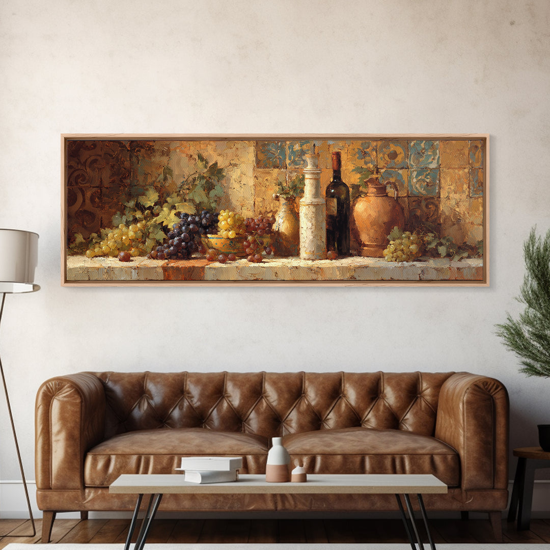 Grapes and Wine Still Life Canvas Print, French Country Art, Coastal Wall Art, Farmhouse Decor, Watercolor Art, Country, FCA-3x1-97