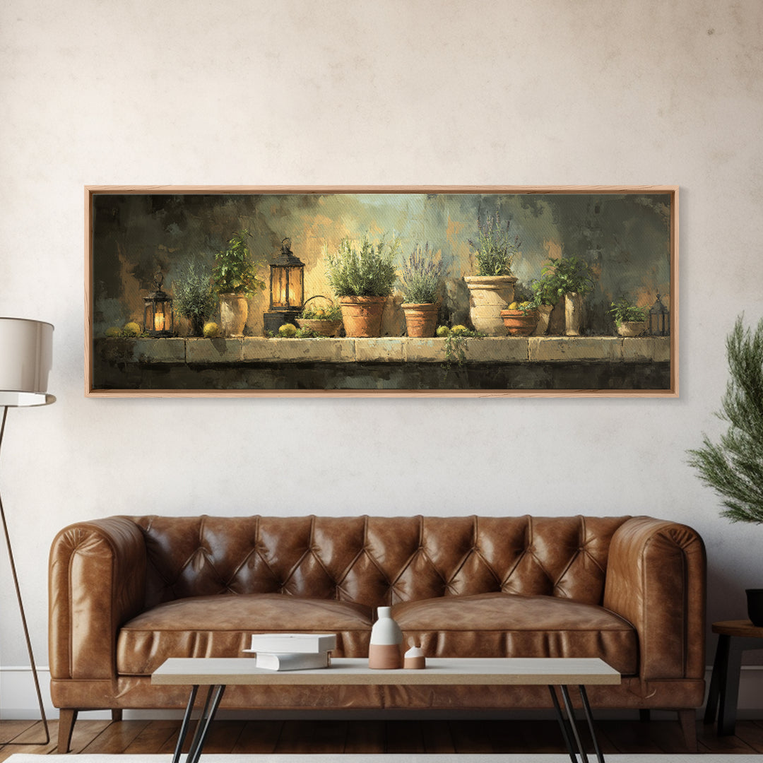 Terra Cotta Pots Framed Canvas Print, French Country Art, Eclectic Wall Art, Farmhouse Decor, Fine Art, Country, Modern Decor, FCA-3x1-99