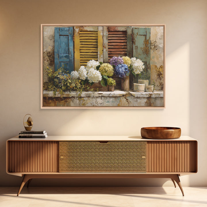 Soft Hydrangeas Beside Antique Shutters Canvas Print, French Country Art, Luxury Decor, Farmhouse Decor, Fine Art, Country, FCA-3x2-12