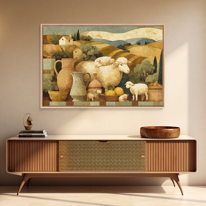 Pastoral Sheep in Rolling Countryside Framed Canvas Print, French Country Art, Textured Painting, Farmhouse Decor, Country, FCA-3x2-18