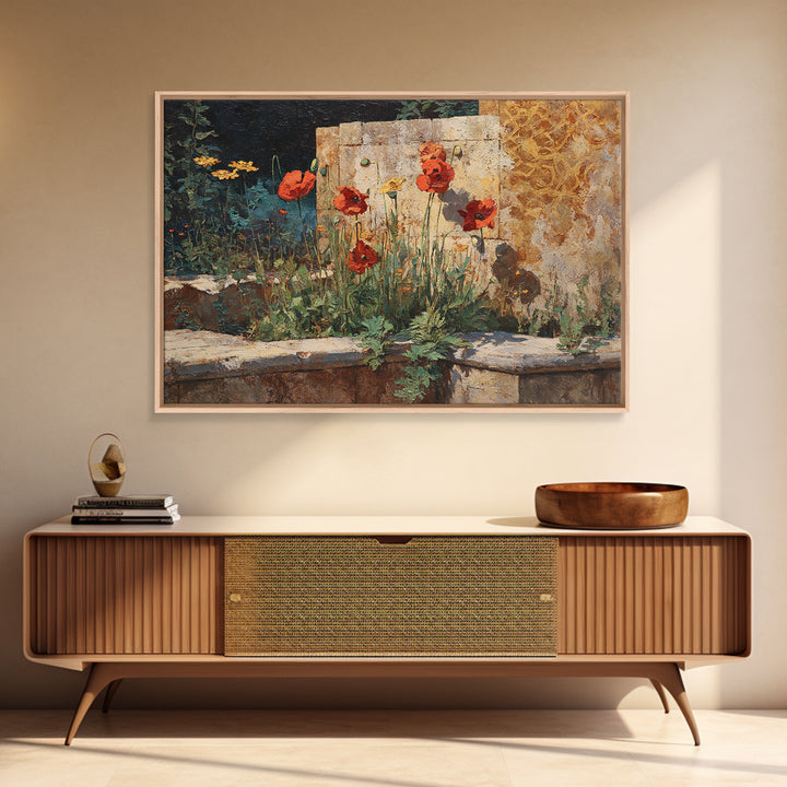 Poppies Beside a Stone Garden Wall Framed Canvas Print, French Country Art, Wall Art, Farmhouse Decor, Fine Art, Country, FCA-3x2-19