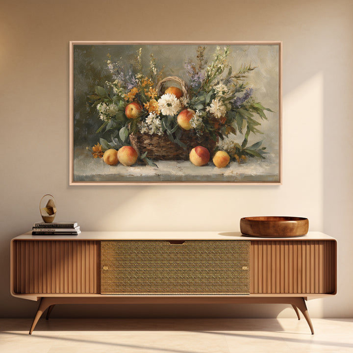 Basket of Fresh Peaches and Wildflowers Framed Canvas Print, French Country Art, Textured Painting, Farmhouse Decor, Country, FCA-3x2-24