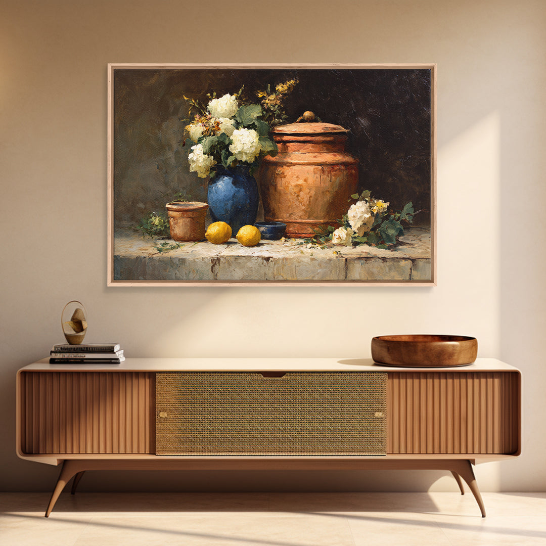 Antique Copper Pot and Flowers Still Life Framed Canvas Print, French Country Art, Boho Decor, Farmhouse Decor, Country, FCA-3x2-28