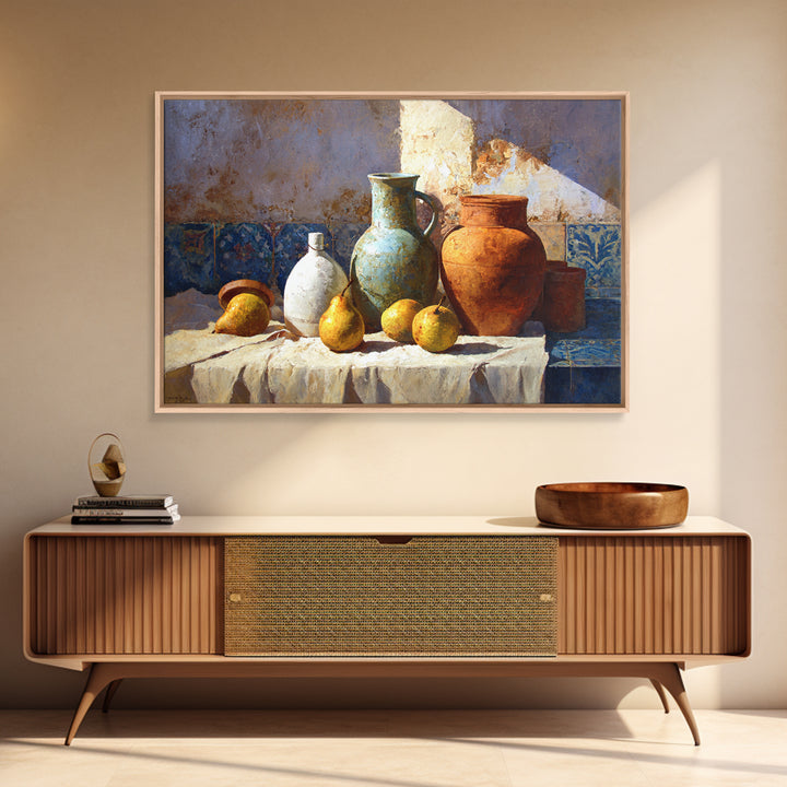 Pear Still Life on Linen Tablecloth Canvas Print, French Country Art, Minimalist Decor, Farmhouse Decor, Fine Art, Country, FCA-3x2-32