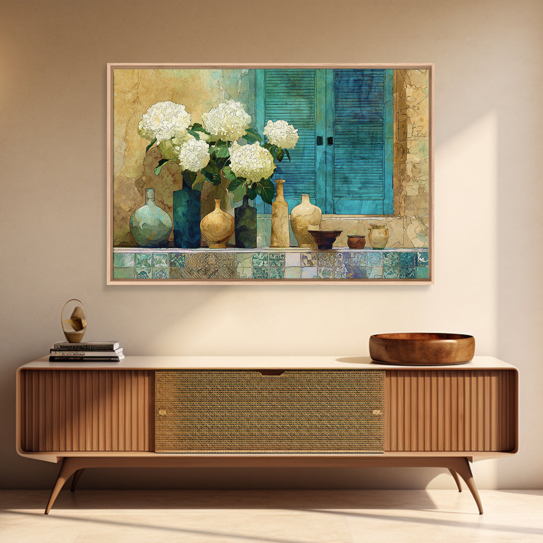 Soft Hydrangeas Beside Antique Shutters Framed Canvas Print, French Country Art, Contemporary Art, Farmhouse Decor, Country, FCA-3x2-36