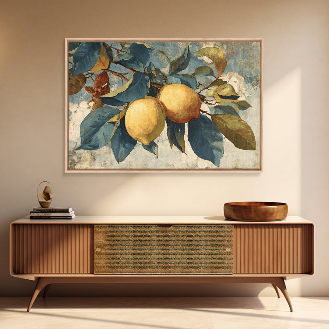 Aged Botanical Plate of Lemons and Leaves Framed Canvas Print, French Country Art, Farmhouse Decor, Fine Art, Country, FCA-3x2-64