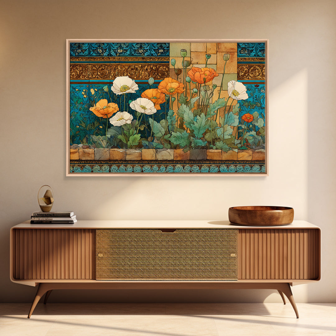 Poppies Beside a Stone Garden Wall Canvas Print, French Country Art, Coastal Wall Art, Farmhouse Decor, Watercolor Art, Country, FCA-3x2-67