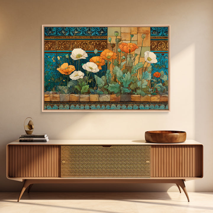 Poppies Beside a Stone Garden Wall Canvas Print, French Country Art, Coastal Wall Art, Farmhouse Decor, Watercolor Art, Country, FCA-3x2-67