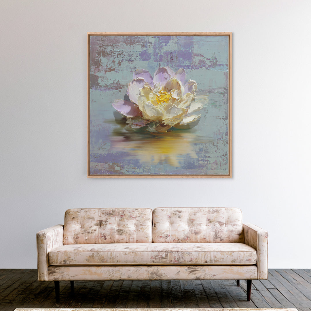 Lotus Blossom Floating on Still Water Canvas Print, Floral Art, Art Nouveau Locket, Living Room Decor, Fine Art, Bloom, FLO-1x1-14