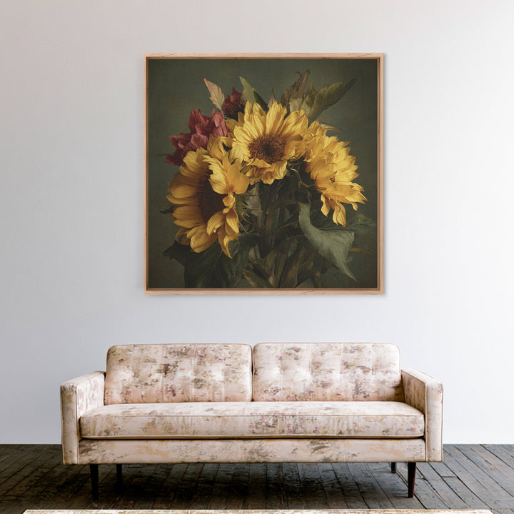 Sunflower Bouquet in Bold Golden Tones Framed Canvas Print, Floral Art, Textured Painting, Living Room Decor, Fine Art, Bloom, FLO-1x1-29