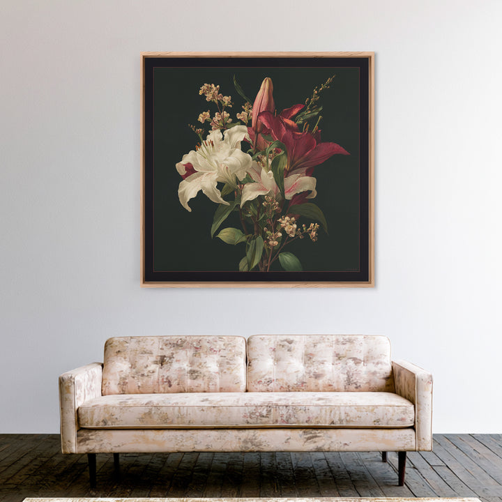 Lily Bouquet with Dramatic Dark Background Framed Canvas Print, Floral Art, Dark Academia Decor, Living Room Decor, Bloom, FLO-1x1-44