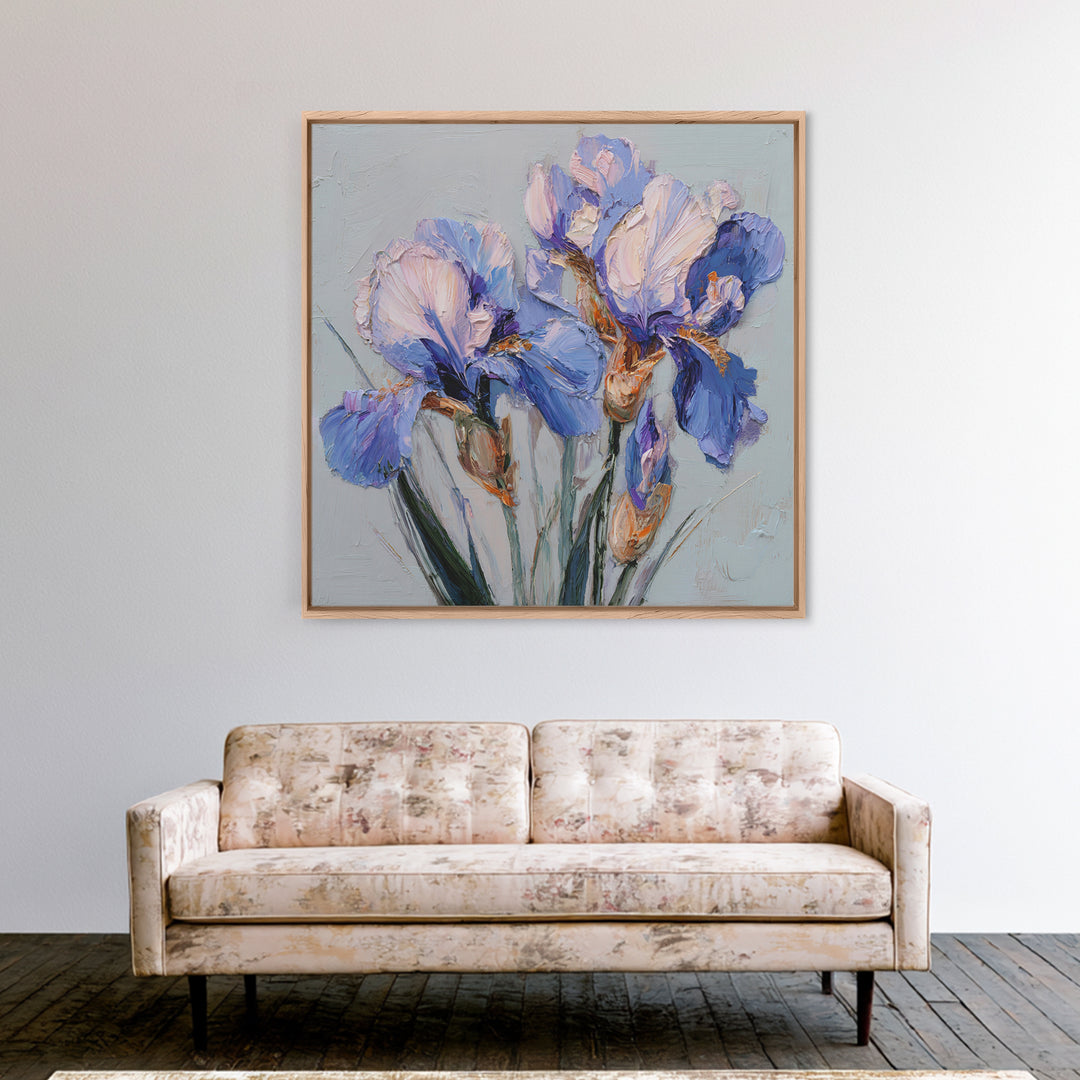 Irises Painted with Expressive Blue Strokes Framed Canvas Print, Floral Art, Botanical Curtain, Living Room Decor, Oil Painting, FLO-1x1-46