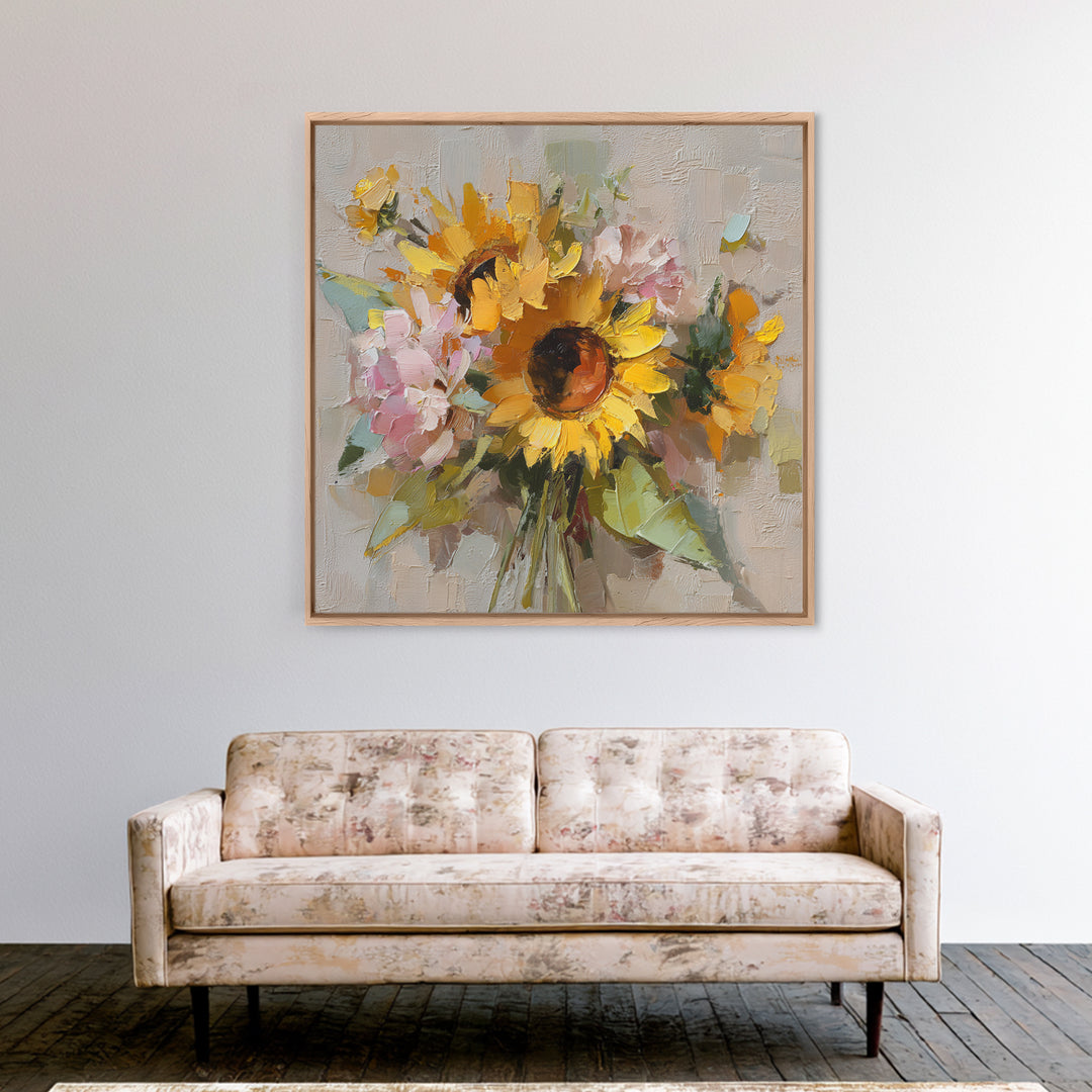 Sunflower Bouquet in Bold Golden Tones Framed Canvas Print, Floral Art, Textured Painting, Living Room Decor, Fine Art, Bloom, FLO-1x1-53