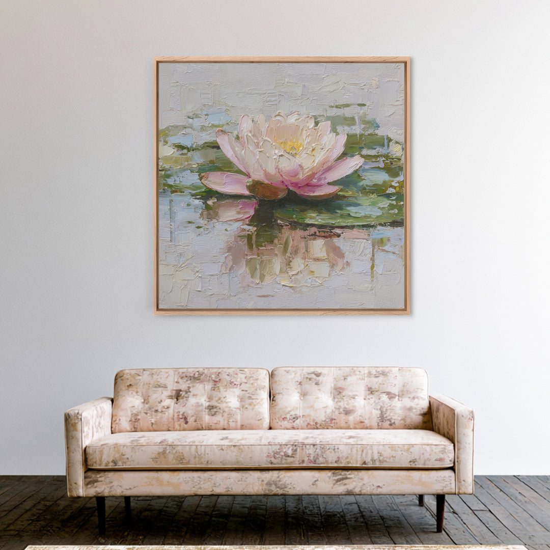 Lotus Blossom Floating on Still Water Framed Canvas Print, Floral Art, Gallery Decor, Living Room Decor, Fine Art, Bloom, FLO-1x1-62