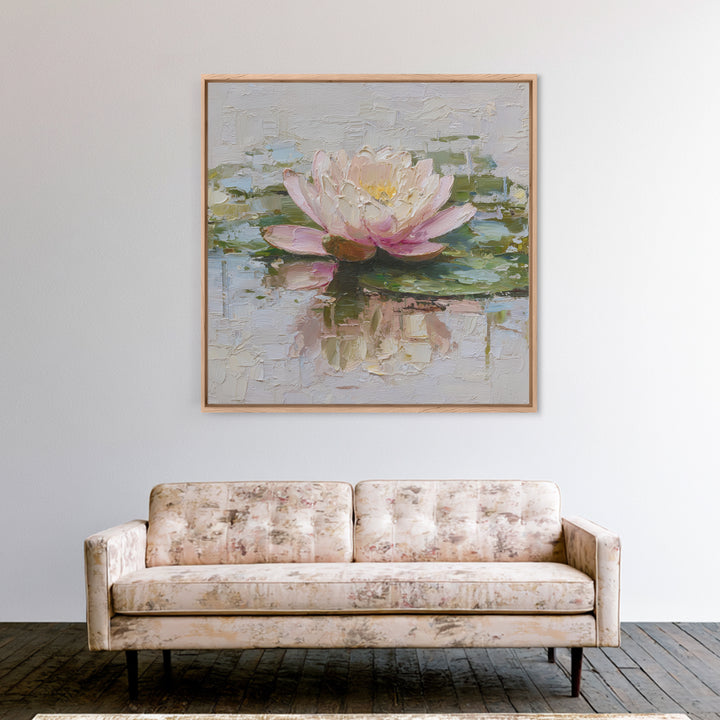 Lotus Blossom Floating on Still Water Framed Canvas Print, Floral Art, Gallery Decor, Living Room Decor, Fine Art, Bloom, FLO-1x1-62