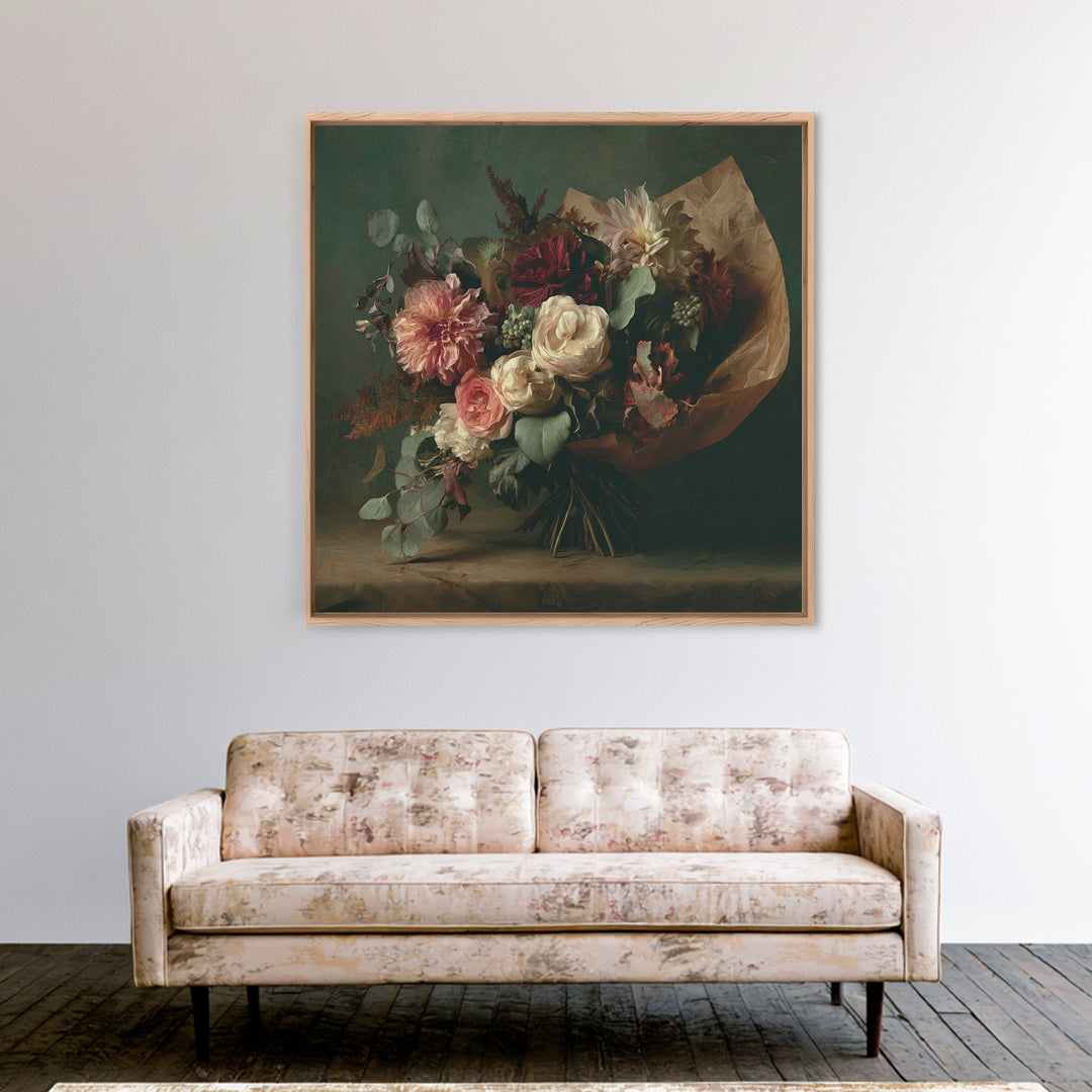 Romantic Bouquet Wrapped Framed Canvas Print, Floral Art, Modern Southern Floral Art, Living Room Decor, Fine Art, Bloom, FLO-1x1-72