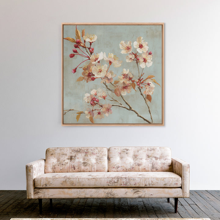 Delicate Cherry Blossom Branch on Pale Sky Framed Canvas Print, Floral Art, Statement Artwork, Living Room Decor, Bloom, FLO-1x1-78
