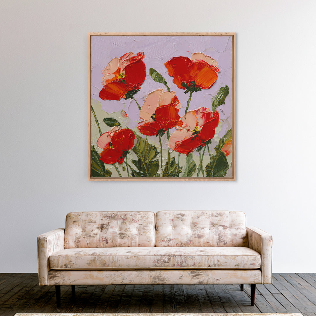 Poppy Field with Red Petals and Green Framed Canvas Print, Floral Art, Printable, Living Room Decor, Oil Painting, Bloom, FLO-1x1-8