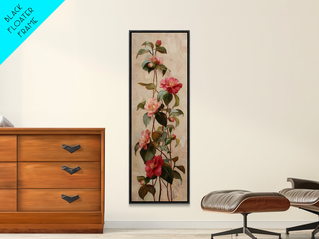 Camellia Bloom with Glossy Leaves Canvas Print, Floral Art, Botanical Curtain, Living Room Decor, Oil Painting, Bloom, FLO-1x3-100