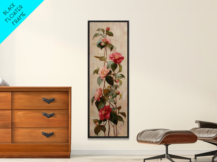 Camellia Bloom with Glossy Leaves Canvas Print, Floral Art, Botanical Curtain, Living Room Decor, Oil Painting, Bloom, FLO-1x3-100
