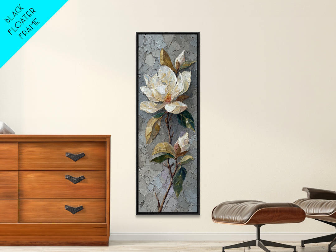 Single White Magnolia on Charcoal Ground Canvas Print, Floral Art, Botanical Art, Living Room Decor, Oil Painting, Bloom, FLO-1x3-40