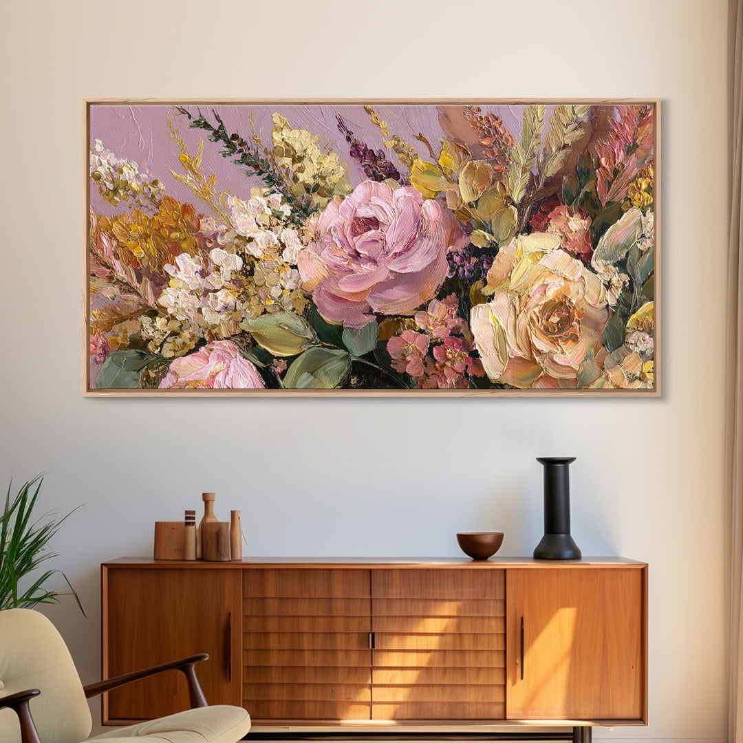 Floral Wreath of Garden Roses and Herbs Canvas Print, Floral Art, Dark Academia Decor, Living Room Decor, Fine Art, Bloom, FLO-2x1-61