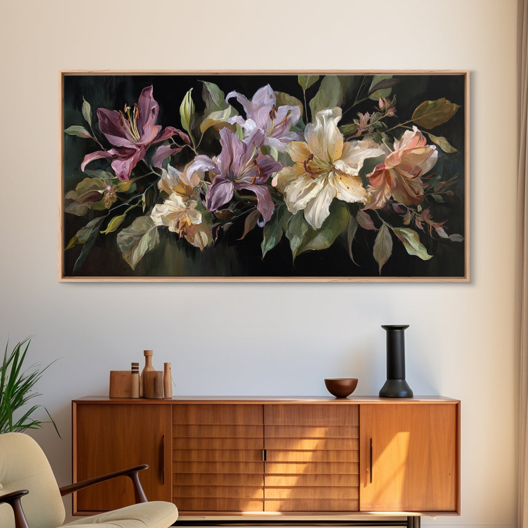 Lily Bouquet with Dramatic Dark Background Canvas Print, Floral Art, Printable, Living Room Decor, Oil Painting, Bloom, FLO-2x1-64