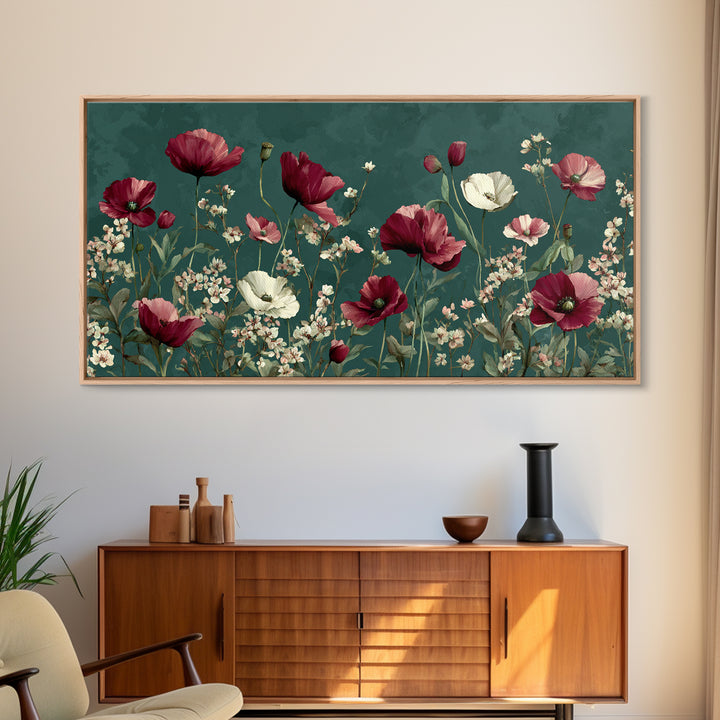 Poppy Field with Red Petals and Green Canvas Print, Floral Art, Art Nouveau Decor, Living Room Decor, Fine Art, Bloom, FLO-2x1-76