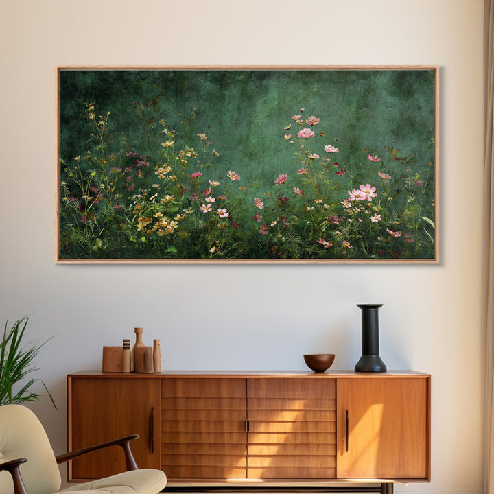 Wildflower Meadow in Loose Impressionist Paint Framed Canvas Print, Floral Art, Neutral Decor, Living Room Decor, Oil Painting, FLO-2x1-95