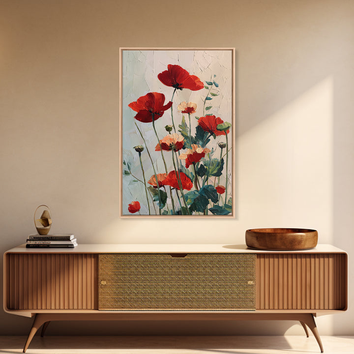 Poppy Field with Red Petals and Green Framed Canvas Print, Floral Art, Art Nouveau Decor, Living Room Decor, Fine Art, Bloom, FLO-2x3-88