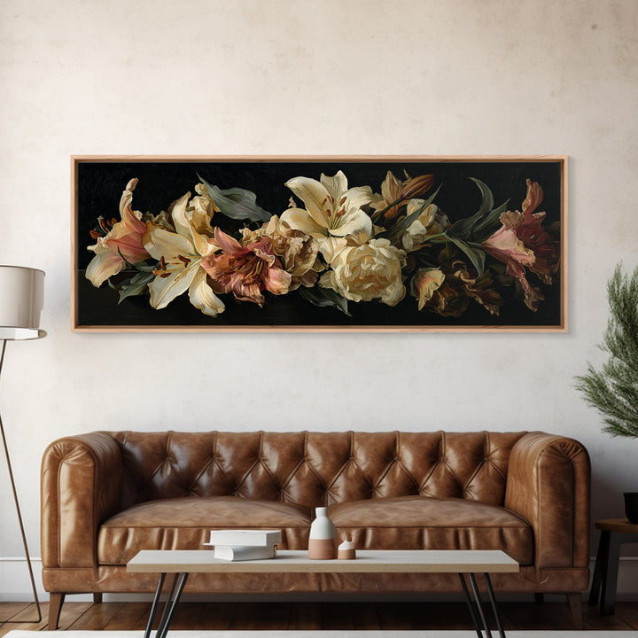 Lily Bouquet with Dramatic Dark Background Framed Canvas Print, Floral Art, Art Nouveau Locket, Living Room Decor, Bloom, FLO-3x1-12