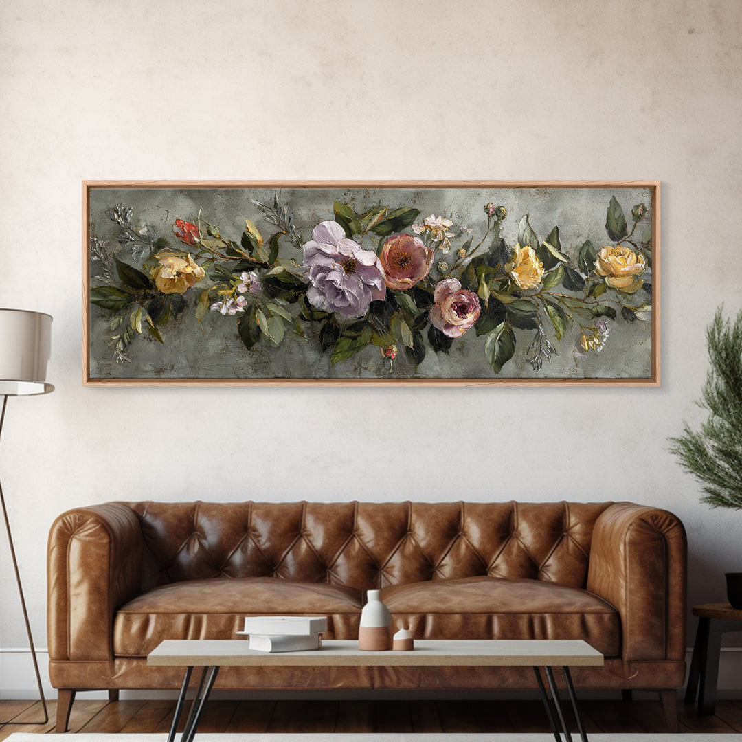 Floral Wreath of Garden Roses and Herbs Canvas Print, Floral Art, Floral Art Prints, Living Room Decor, Oil Painting, Bloom, FLO-3x1-33