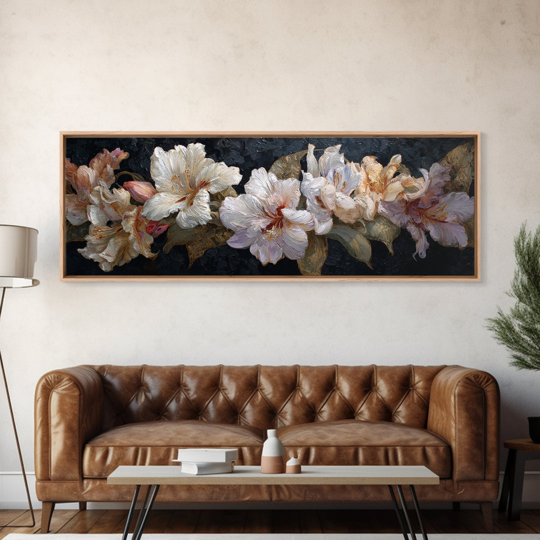 Lily Bouquet with Dramatic Dark Background Canvas Print, Floral Art, Gallery Decor, Living Room Decor, Fine Art, Bloom, FLO-3x1-36