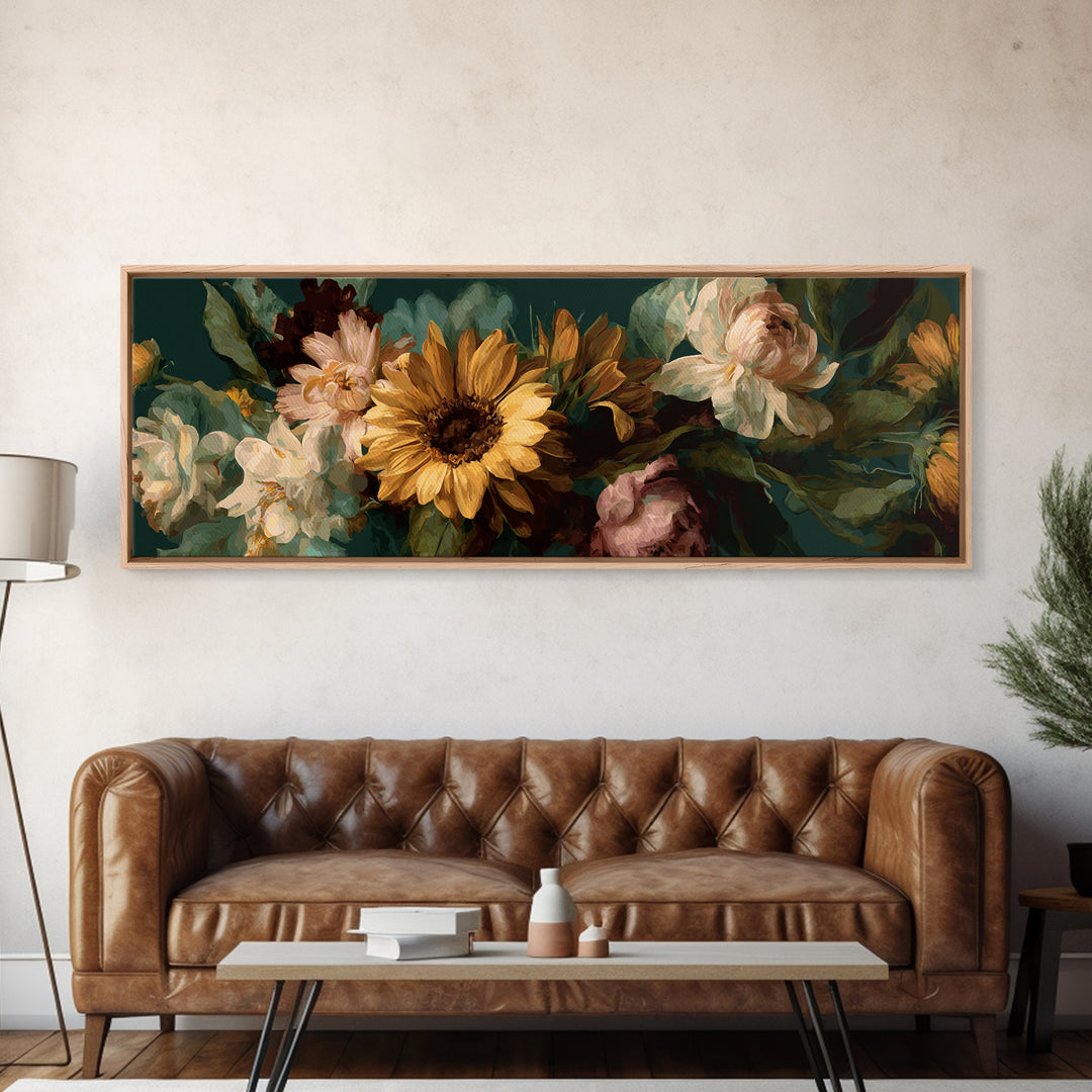 Sunflower Bouquet in Bold Golden Tones Canvas Print, Floral Art, Art Nouveau Locket, Living Room Decor, Fine Art, Bloom, FLO-3x1-45