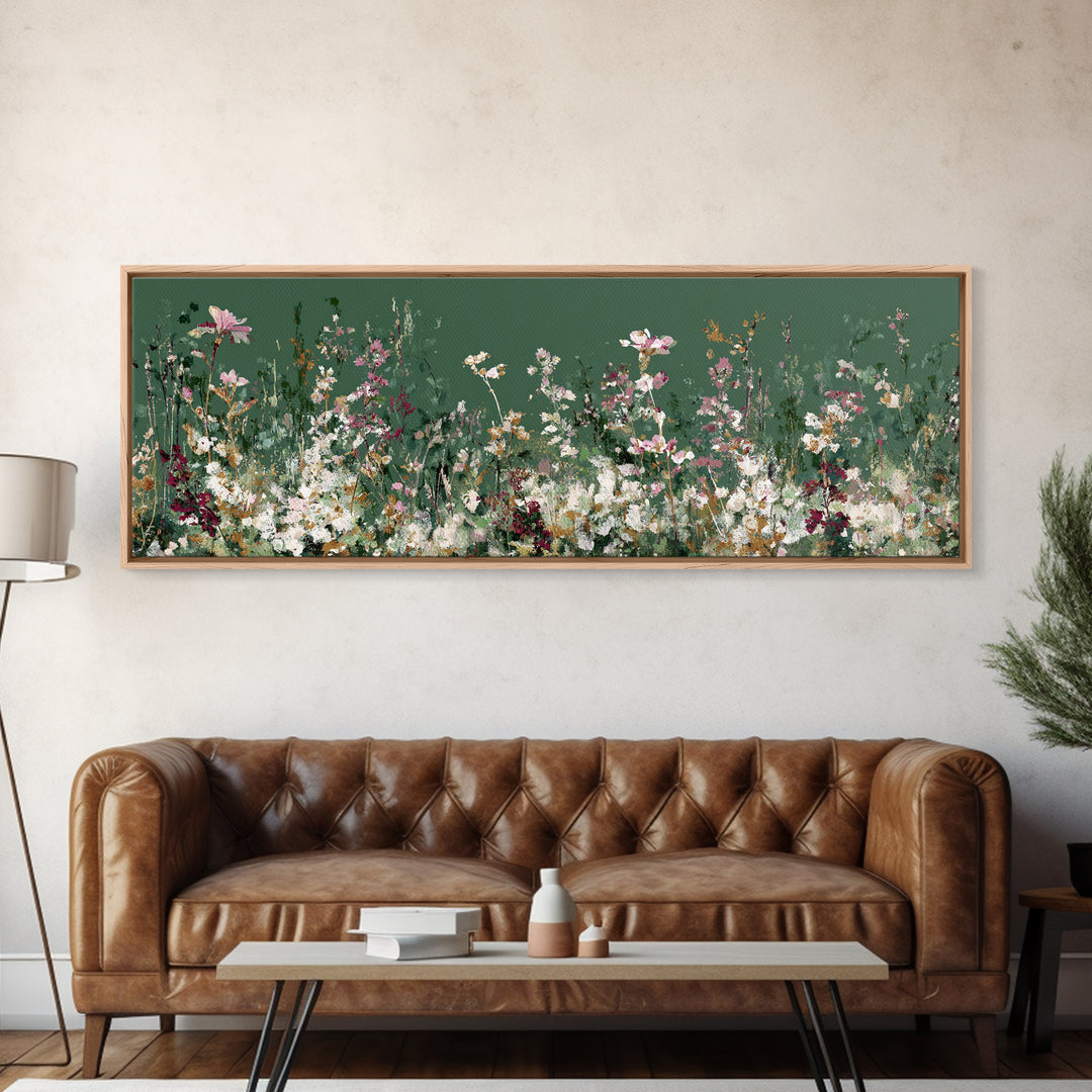 Wildflower Meadow in Loose Impressionist Paint Framed Canvas Print, Floral Art, Midcentury Modern, Living Room Decor, Bloom, FLO-3x1-67