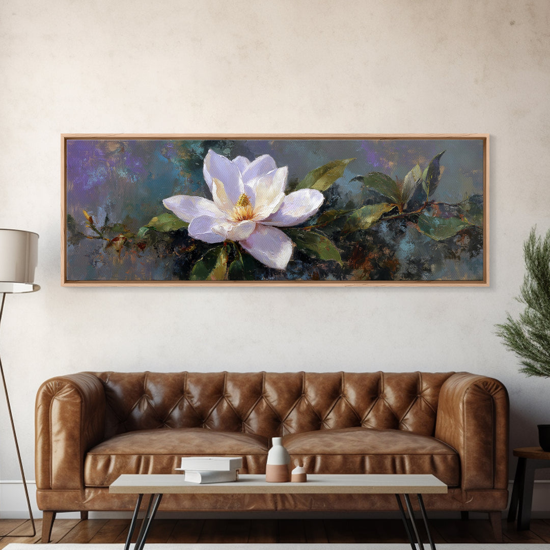 Single White Magnolia on Charcoal Ground Framed Canvas Print, Floral Art, Home Decor, Living Room Decor, Fine Art, Bloom, FLO-3x1-68