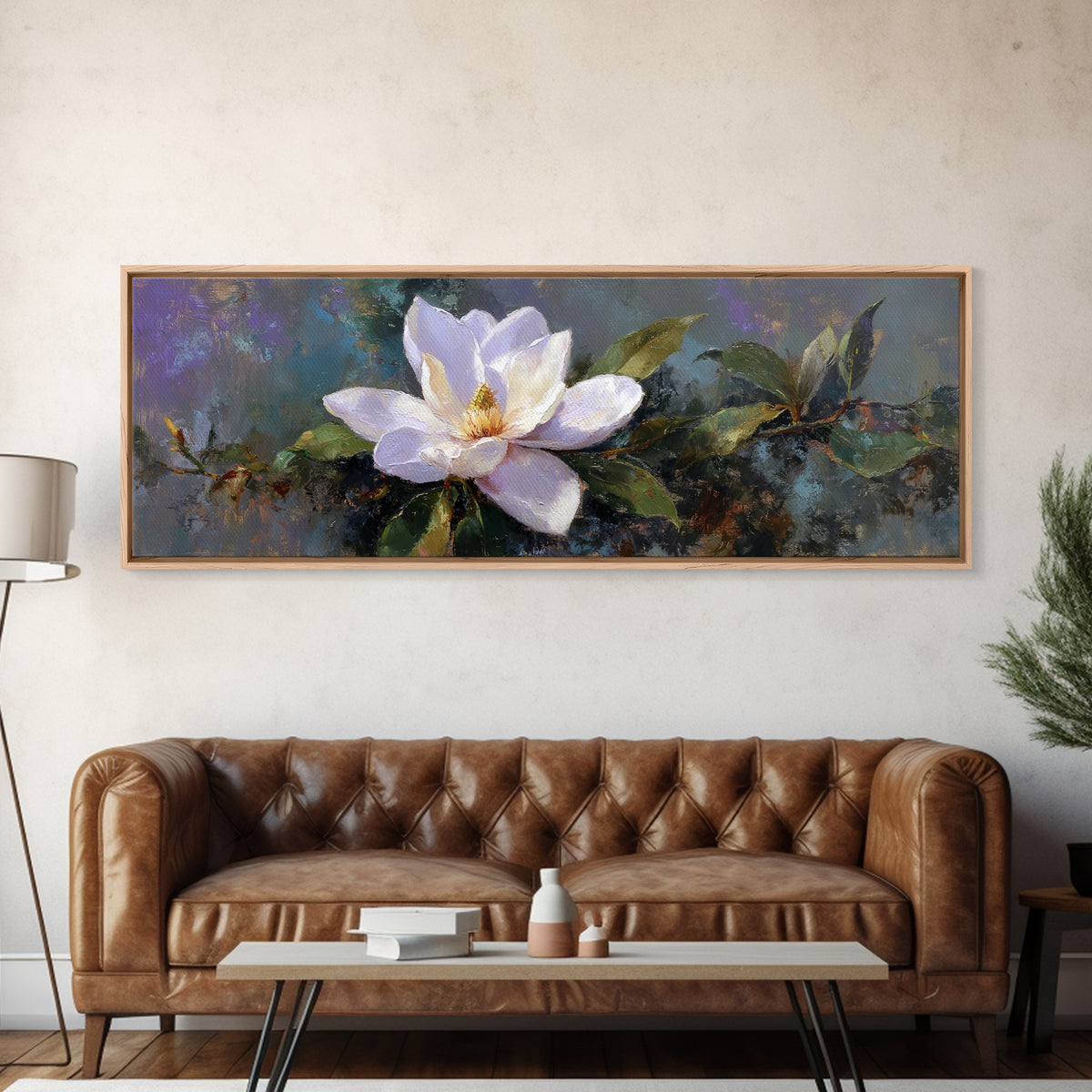 Single White Magnolia on Charcoal Ground Framed Canvas Print, Floral Art, Home Decor, Living Room Decor, Fine Art, Bloom, FLO-3x1-68