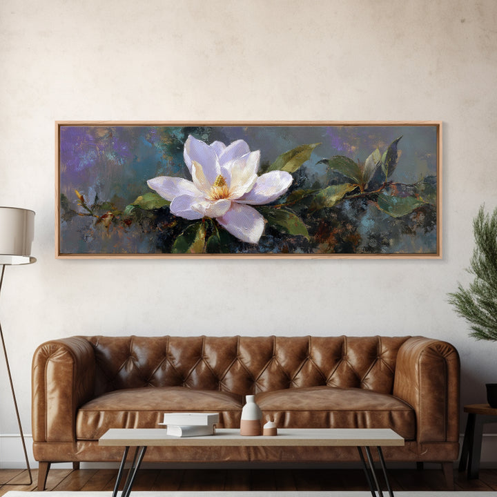 Single White Magnolia on Charcoal Ground Framed Canvas Print, Floral Art, Home Decor, Living Room Decor, Fine Art, Bloom, FLO-3x1-68