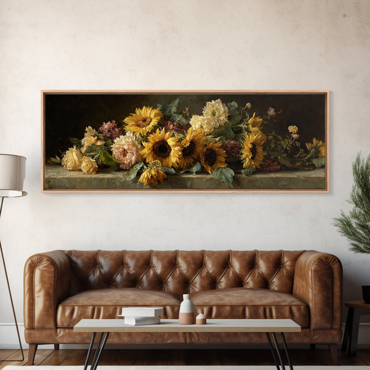 Sunflower Bouquet in Bold Golden Tones Framed Canvas Print, Floral Art, Gallery Decor, Living Room Decor, Fine Art, Bloom, FLO-3x1-69