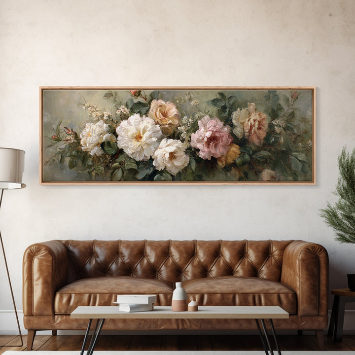 Floral Wreath of Garden Roses and Herbs Framed Canvas Print, Floral Art, Art Nouveau Decor, Living Room Decor, Fine Art, Bloom, FLO-3x1-9