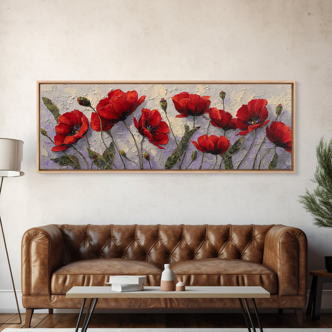 Poppy Field with Red Petals and Green Canvas Print, Floral Art, Textured Painting, Living Room Decor, Fine Art, Bloom, FLO-3x1-96
