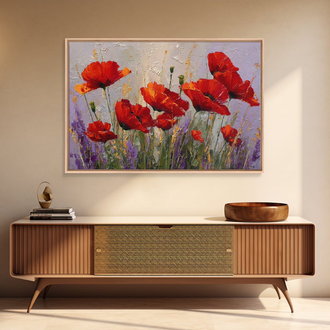 Poppy Field with Red Petals and Green Canvas Print, Floral Art, Floral Art Prints, Living Room Decor, Oil Painting, Bloom, FLO-3x2-12