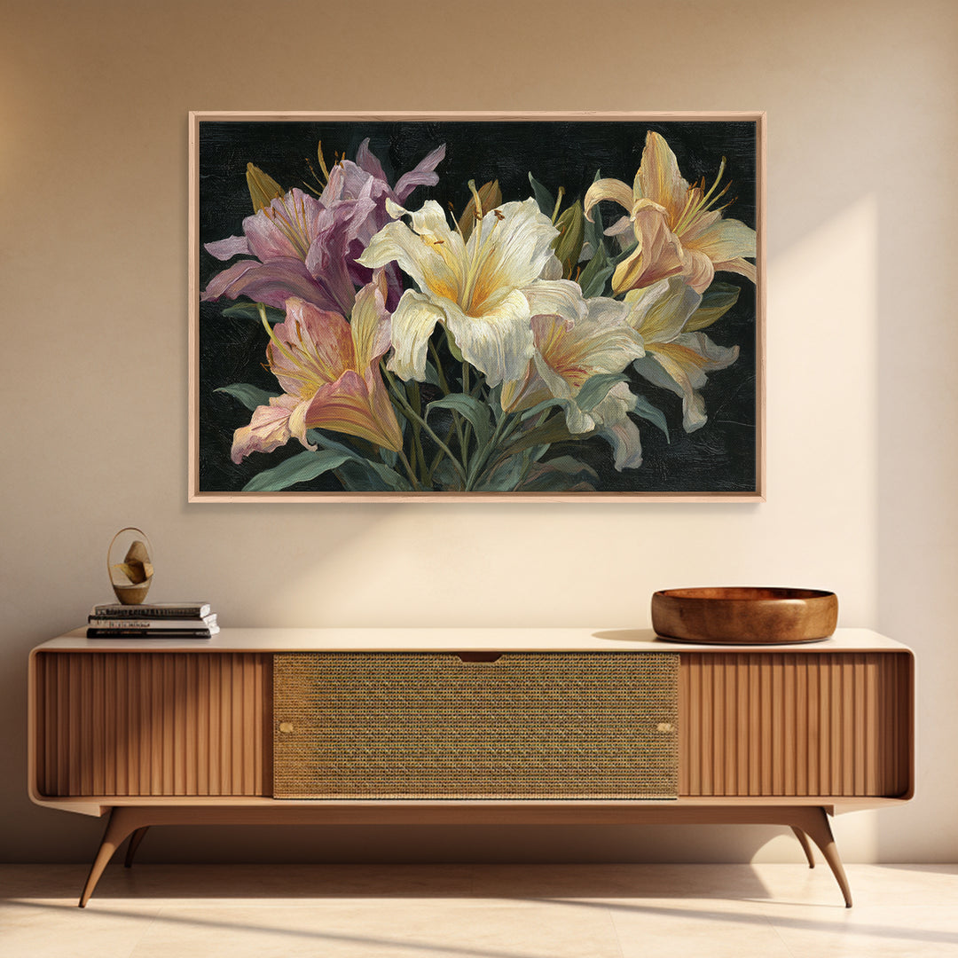 Lily Bouquet with Dramatic Dark Background Framed Canvas Print, Floral Art, Art Nouveau Locket, Living Room Decor, Bloom, FLO-3x2-24